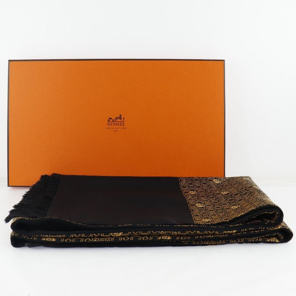 HERMES Scarf black/yellow silk/Angol